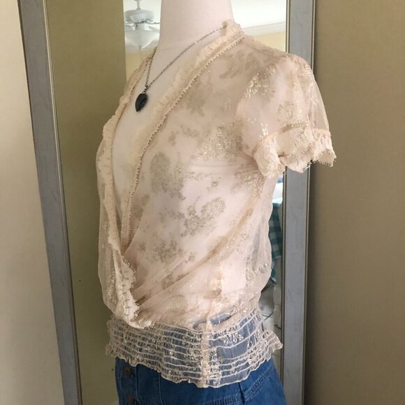 Twenty One Tops - Sheer Lace Cream V-Neck Top Small Sparkly Ruched Hem Whimsical Fairycore